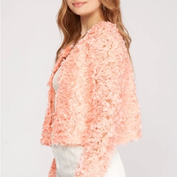 She + Sky Long Sleeve 3D Mesh Short Jacket Cardigan Flower appliqué in Pink - Picture 2 of 12